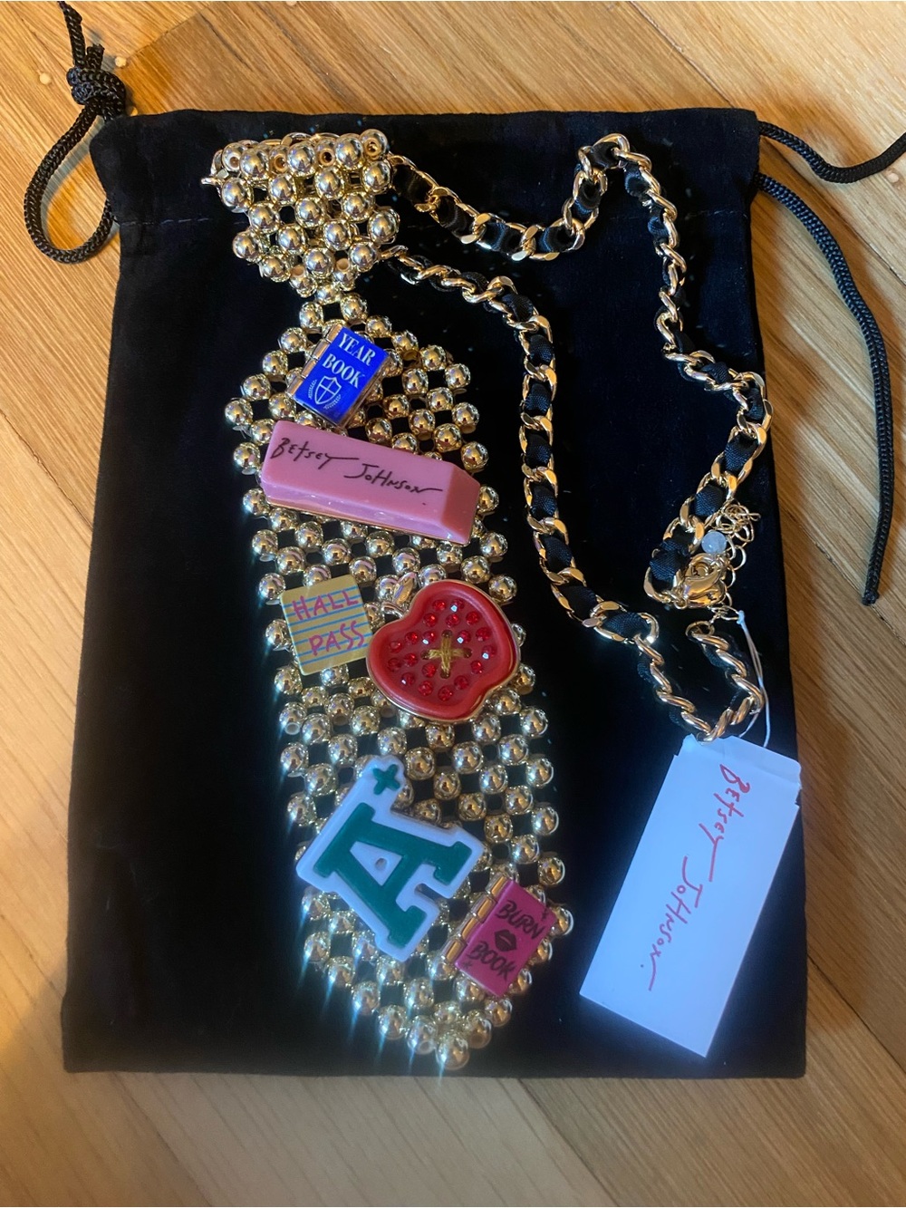 NWT Betsey Johnson Gold necktie necklace with Colorful Enamel Charms